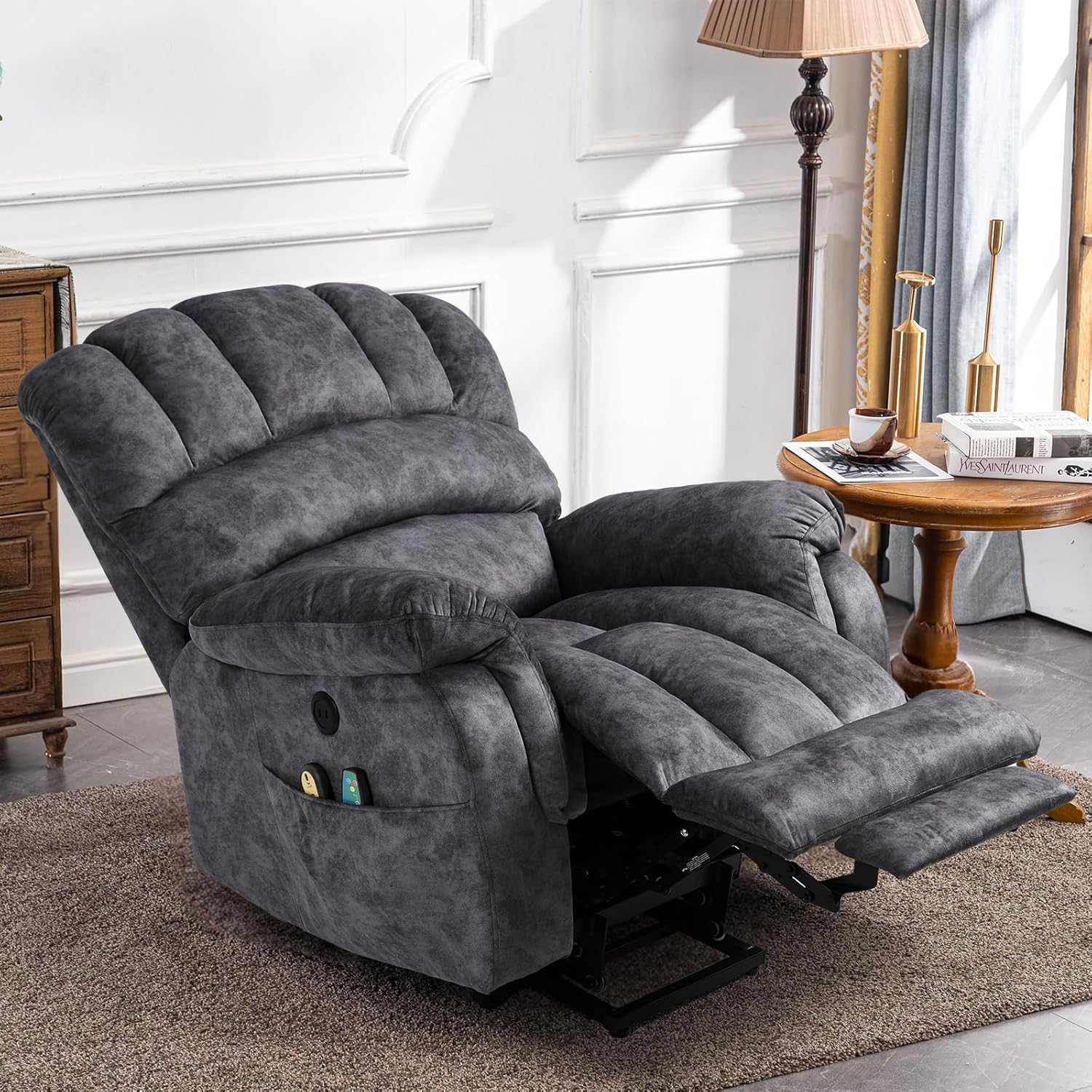 Large Electric Power Lift Recliner Chair with Extended Footrest for Elderly Big Man, Overstuffed Heated Massage Wide Reclining Sofa with 2 Remote Controls, Side Pockets & USB Ports, Gray