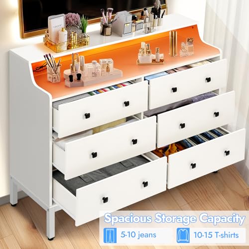 6 Drawer White Wood Dresser with Charging Station, Led Modern Large Dresser for Bedroom, Storage Dresser Chest of Drawers