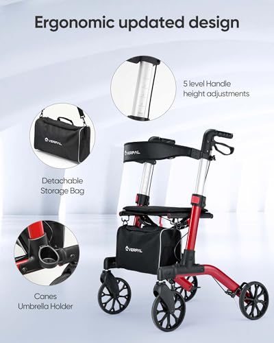 Rollator Walker with Seat, Foldable Rolling Walker with Durable Aluminum, Height Adjustable, 8" Big Wheels for All Terrain, Ergonomic Seat and Backrest,Lightweight Walkers for Seniors Adult (Red)