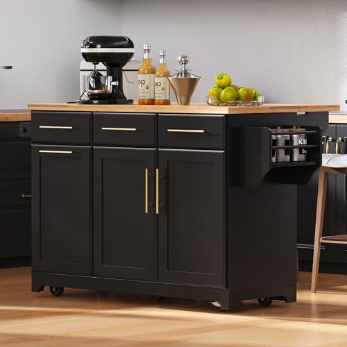 60" Kitchen Island with Drop Leaf and Power Outlet, Rolling Kitchen Cart on Wheels with Trash Can Storage Cabinet, Spice Rack, Towel Rack and Adjustable Shelf for Dining Room