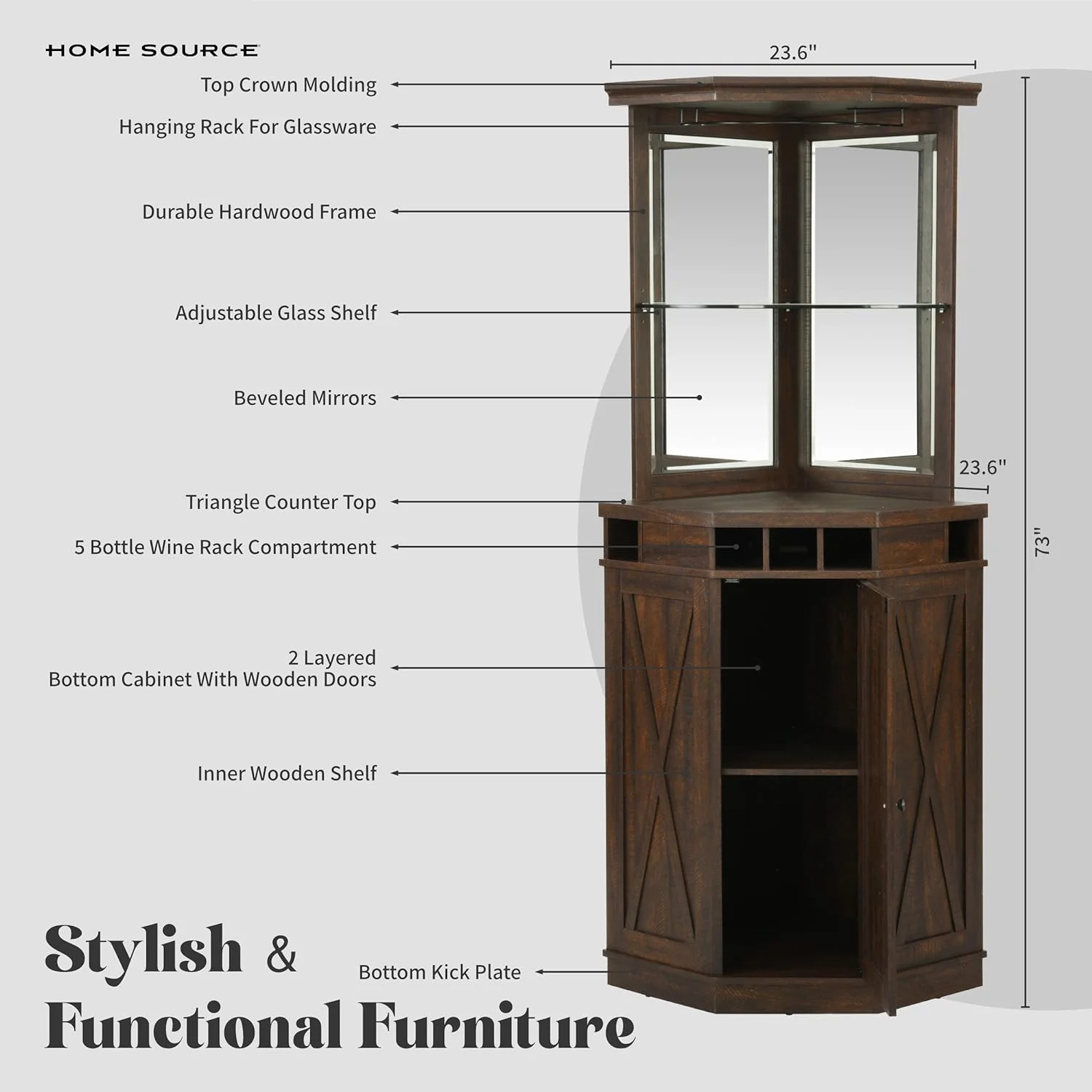 Mahogany Corner Bar 73" Tall Unit With Built-In Wine Rack  Lower Cabinet, Living Room,  Office, Kitchen, Small Space.
