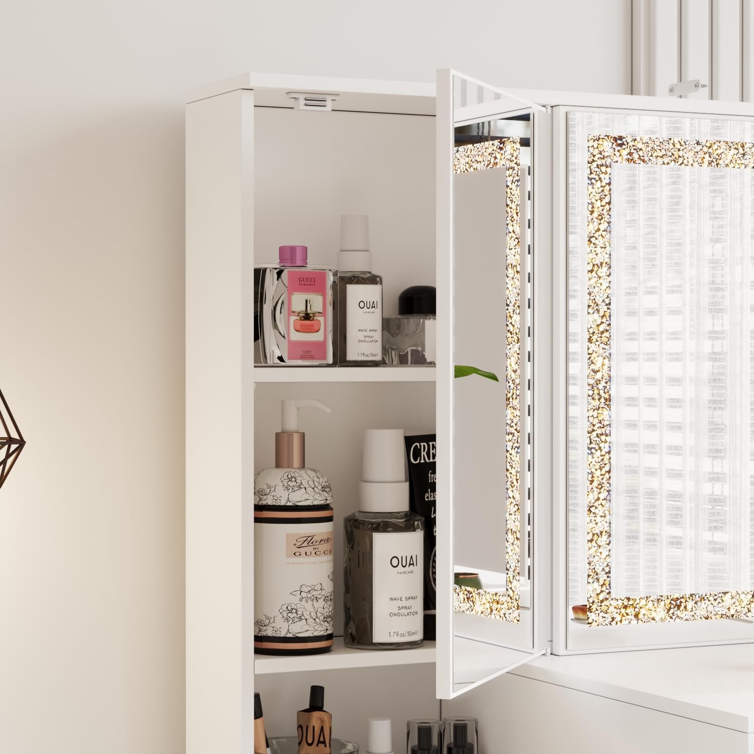 Homsee 43.3" W Luxury Makeup Vanity Desk with Lighted Mirror and Crushed Diamond Trim, Makeup Dressing Table with Storage Shelves and Adjustable Side Mirrors for Bedroom, White