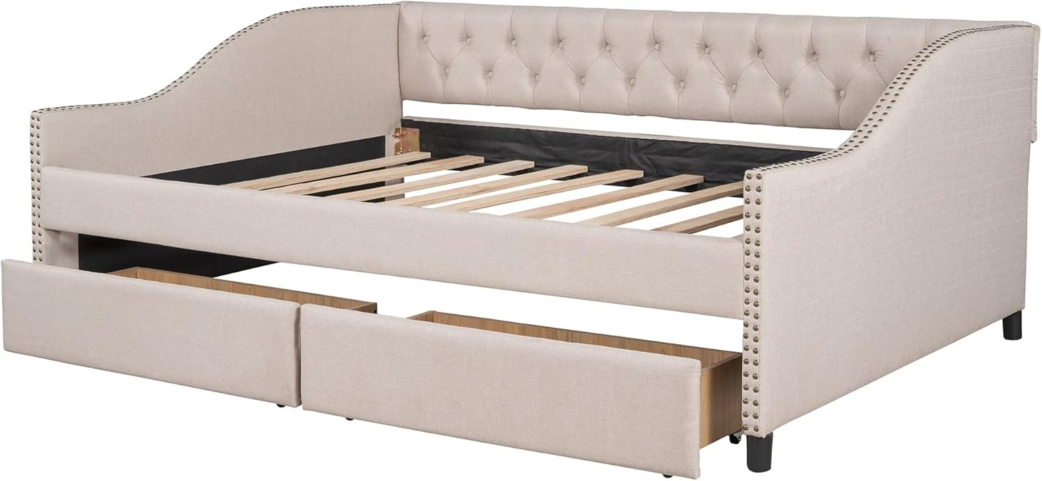 Full Upholstered Daybed Frame with Storage Drawers, Full Size Sofa Bed for Bedroom Living Room Guest Room, Wood Slat Support, Beige