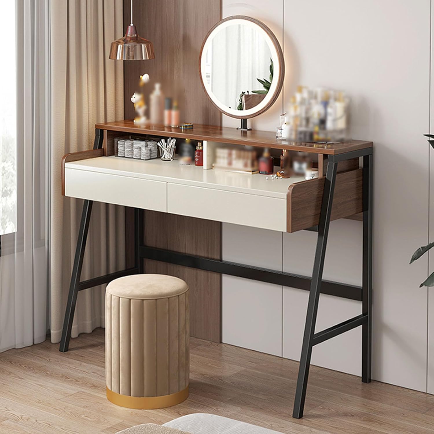 Solid Wood Vanity Set, Makeup Dressing Table 3-Color Dimmable Lighted Mirror vanities with 2 Drawers Home Office Desk for Women Girls