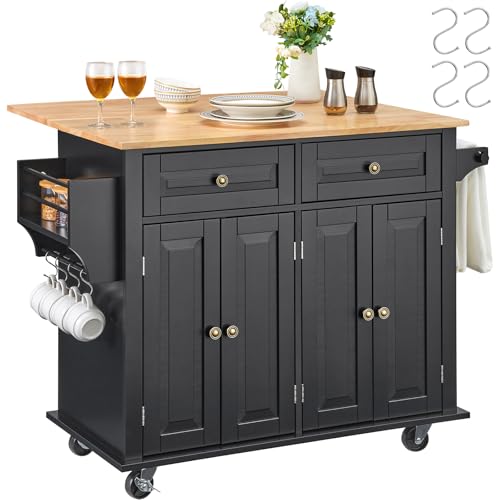 VEVOR Kitchen Island Cart with Solid Wood Top, 35.4" Width Mobile Carts with Storage Cabinet, Rolling Kitchen Table with Spice Rack, Towel Rack, and Drawer, Portable Islands on Wheels, White