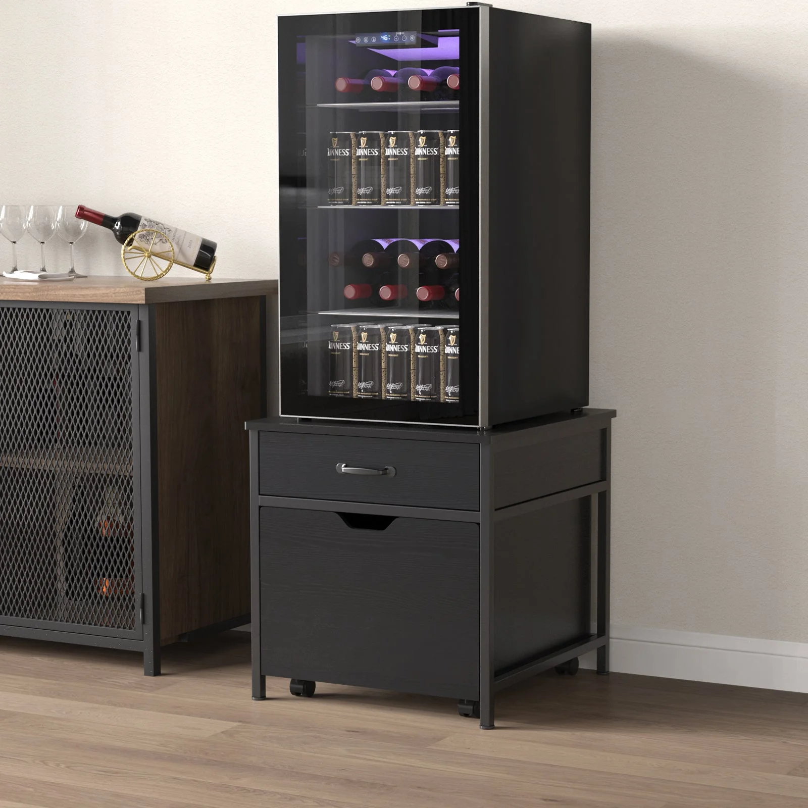 Mini Fridge Stand with Storage, Heavy Duty Mini Fridge Table with Rolling Cabinet