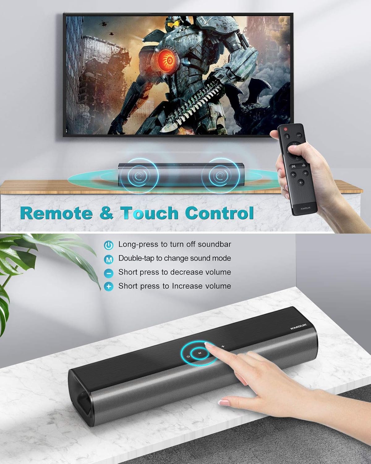 Soundbar, KMOUK Sound Bar for Small TV, Bluetooth 5.0, Mini Sound bar for PC/Home Theater, 2.0 Channel, 3 Equalizer Mode Audio, Optical/Aux/RCA Connection, Wired Gaming Speaker with 3D Surround Sound Pack of 2