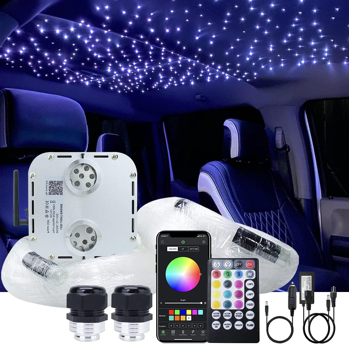 AKEPO Car Home Use 32W RGBW Twinkle+ Sound Activated+ APP Fiber Optic Lights Kit Star Ceiling Sky Light with Total 800pcs in 13.1ft/4m + 9.8ft/3m Long Optical Fiber Cable for Indoor or Interior Decor