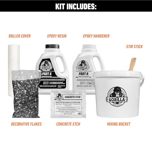 Gorilla Epoxy Garage Floor Coating (7 pc) Kit, 1-Car, Concrete Flooring, 100% Solids, Superior Adhesion, Incredibly Durable High Gloss Gray Finish, 275 sq. ft. Coverage