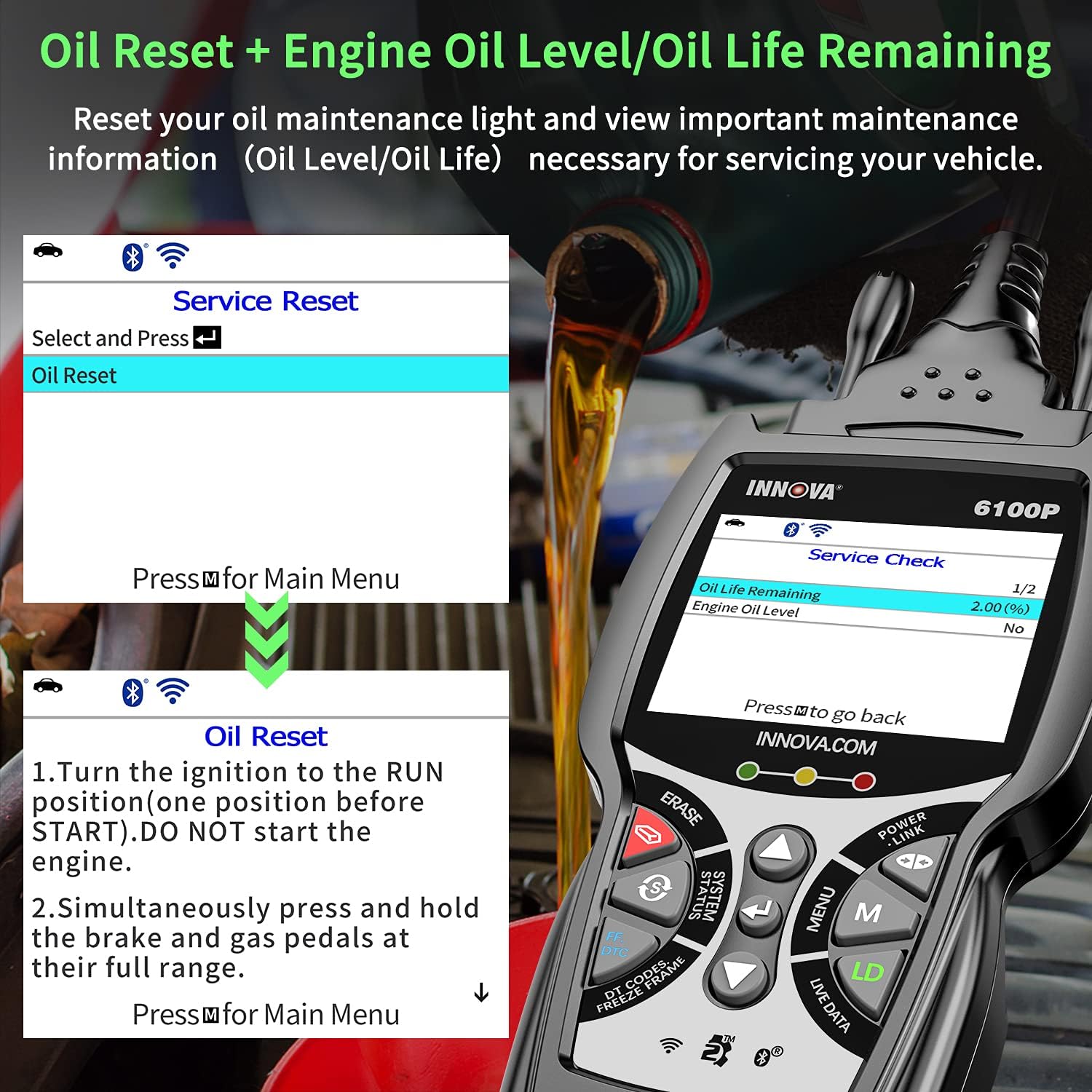 INNOVA 6100P OBD2 Scanner ABS SRS Transmission, Car Code Reader Diagnostic Scan Tool with Oil Reset /Battery & Alternator Test /Full OBD II /Live Data /Repair Solutions 2 APP