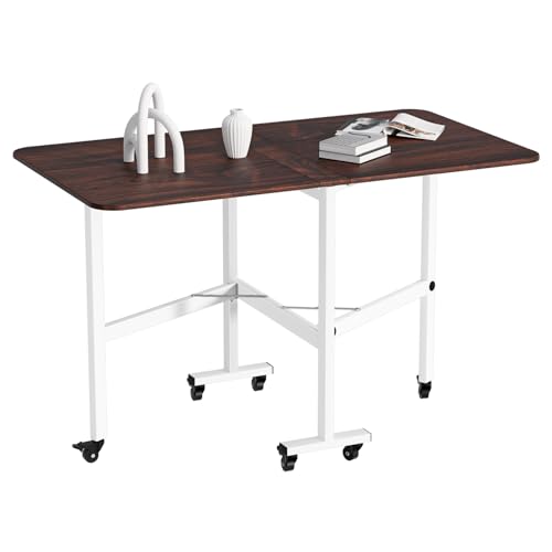 Folding Dining Table,Drop Leaf Dining Table,Foldable Expandable Table,Solid Wooden Foldable Workstation Desk with 6 Wheels,Rectangular Table for Kitchen Bedroom Living Room Bistro Brown