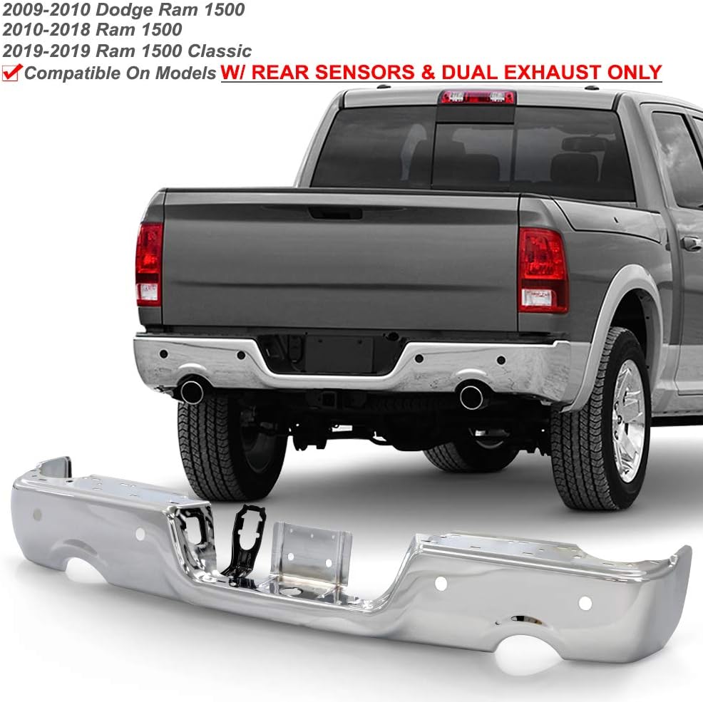 ACANII - For 2009-2018 Dodge Ram 1500 Truck w/Dual Exhaust & Sensor Holes Rear Step Bumper Face Only - Chrome Steel