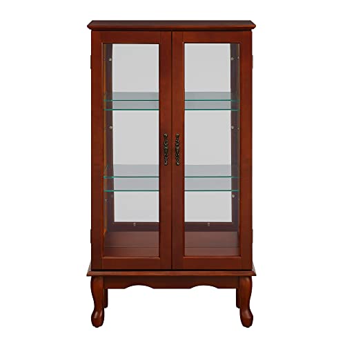 Living Room Display Country Tuscan Wall Curio Display and Storage Cabinet,Cabinet with Adjustable Shelves and Mirrored Back Panel, Tempered Glass Doors(3Tier)(E26 Light Bulb not Included) (Walnut)