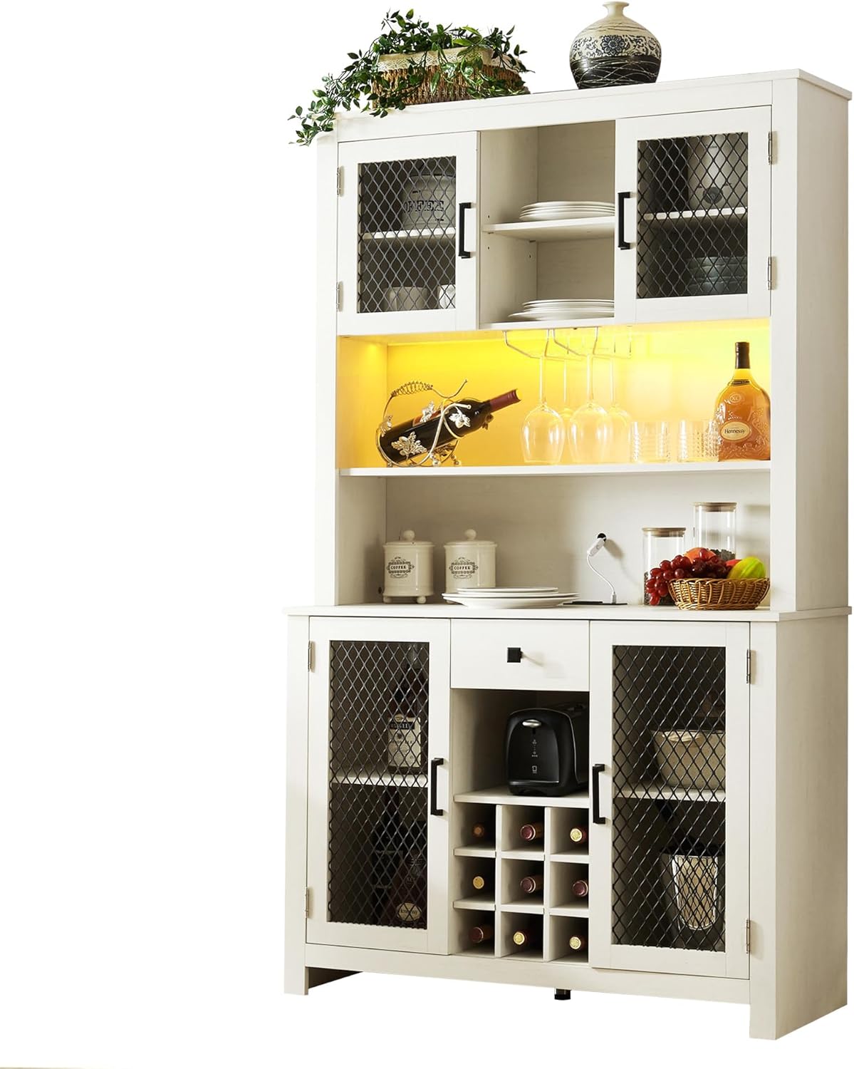 70" Storage Rustic Sideboard Buffet with LED and Outlets Food Pantry Doors and Shelves Wine Rack,Kitchen Hutch Cabinet for Dining Room, White