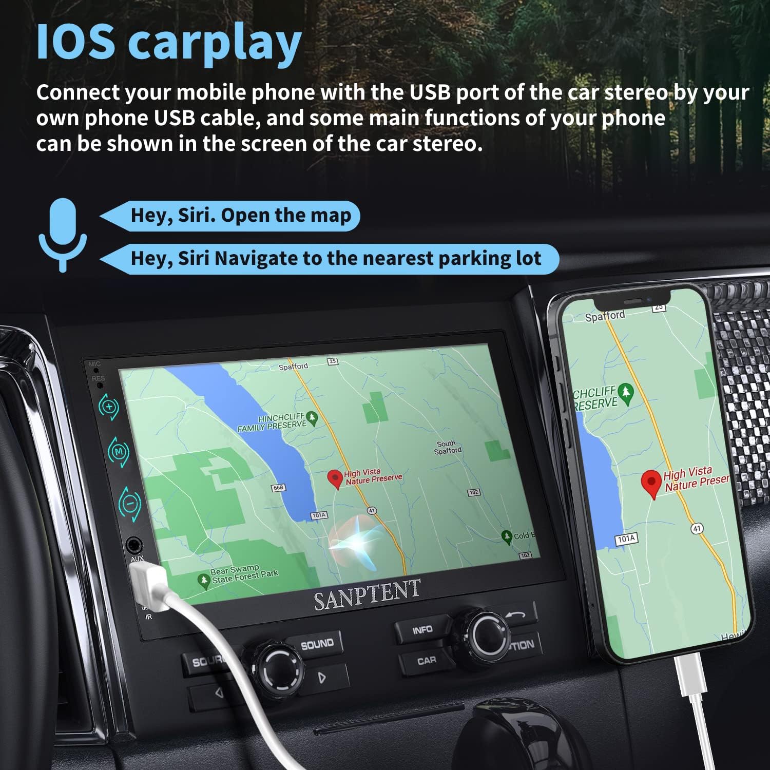 SANPTENT Double Din Car Stereo Compatible with Carplay and Android Auto, 7-Inch Touch Screen Car Stereo, Car Radio Receiver with Bluetooth, Rear View Camera, AM/FM/AUX Input, Screen Mirroring