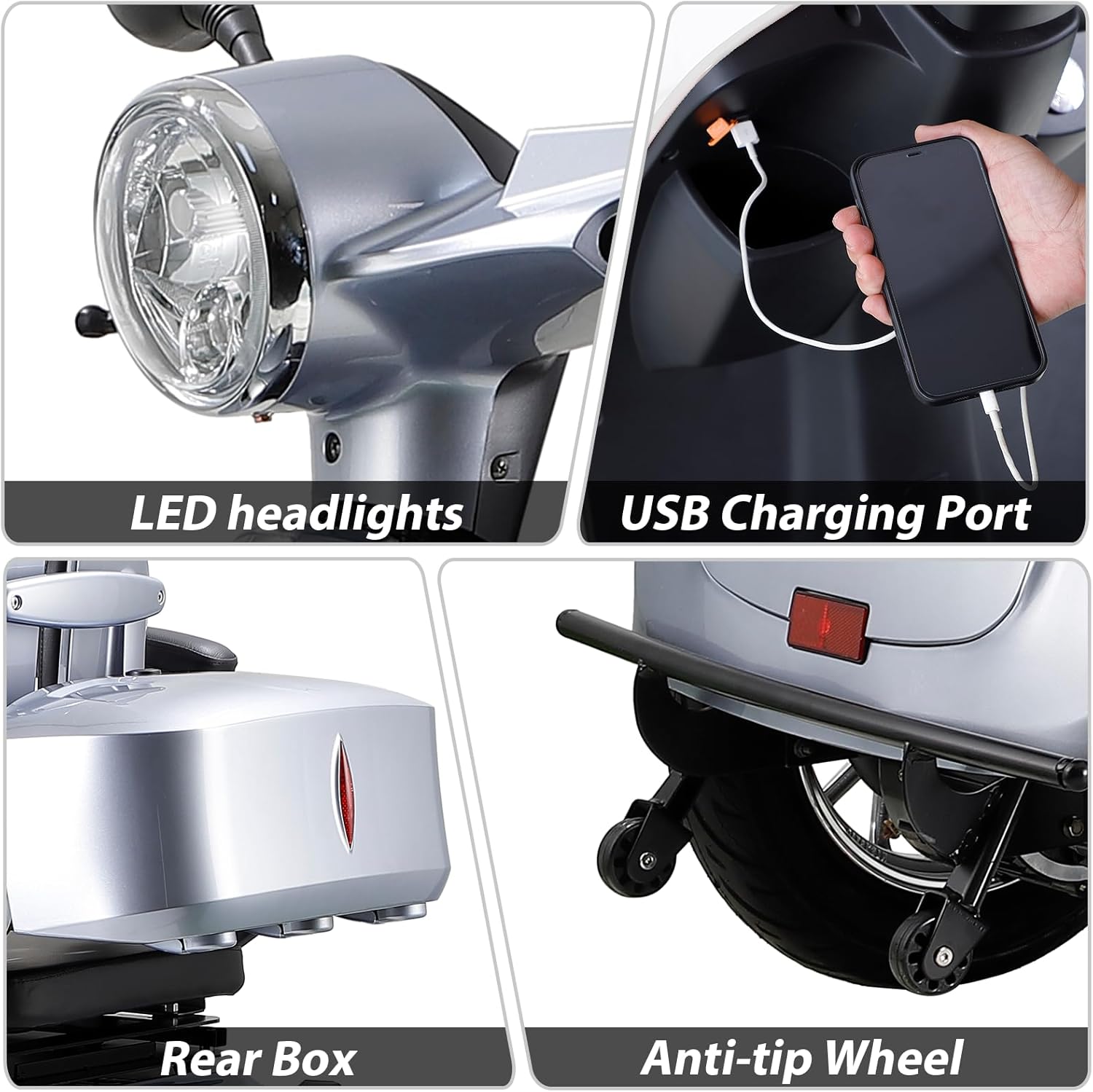 800W Heavy Duty 4 Wheel Mobility Scooters for Seniors & Adults 500lbs Capacity, Powered Mobility Scooters with 3-Speed Control & USB Charger Port, Under Seat Storage, Silver