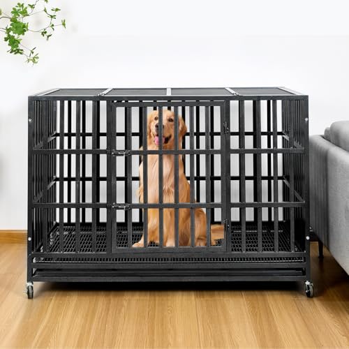 48 Inch Heavy Duty Indestructible Dog Crate Steel Escape Proof, Indoor Double Door High Anxiety Cage, Kennel with Wheels, Removable Tray, Extra Large XL XXL