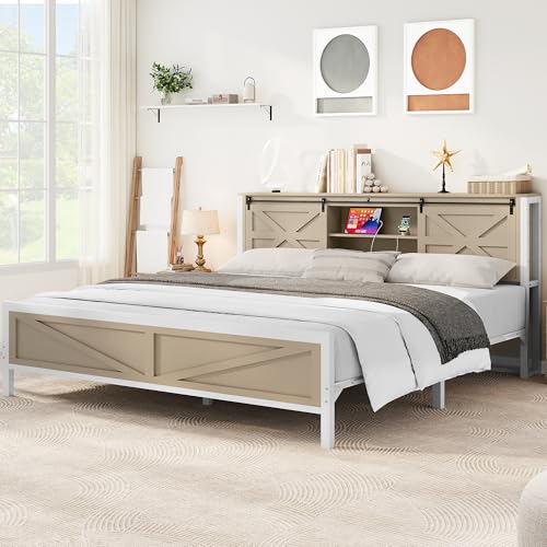 YITAHOME Farmhouse Queen Size Bed Frame with Headboard, Bookcase Storage Shelves, Sliding Barn Door, Charging Station, Rustic Wood Platform Bed, No Box Spring Needed, White