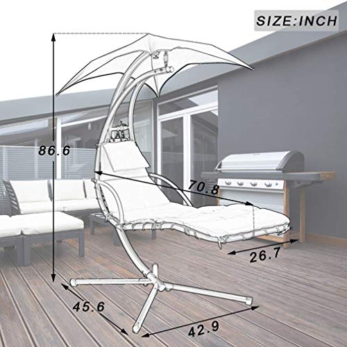 Hammock Chair Hanging Chair Lounge Chairs Outdoor Porch Swing Arc Stand with Canopy Umbrella and Pillow, 280 LBS Capacity, Heavy Duty Large Air Floating Chaise Chair for Patio Backyard Deck Garden