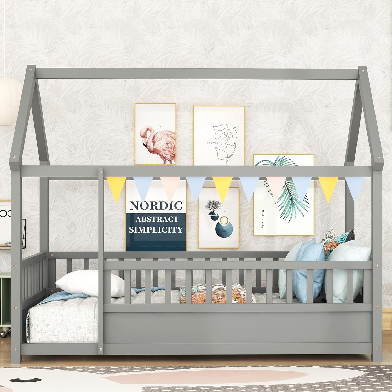 House Floor Bed Twin Size, Twin Montessori Floor Bed with High Fence, Twin Size House Bed for Kids, Girls, Boys(Twin Gray)