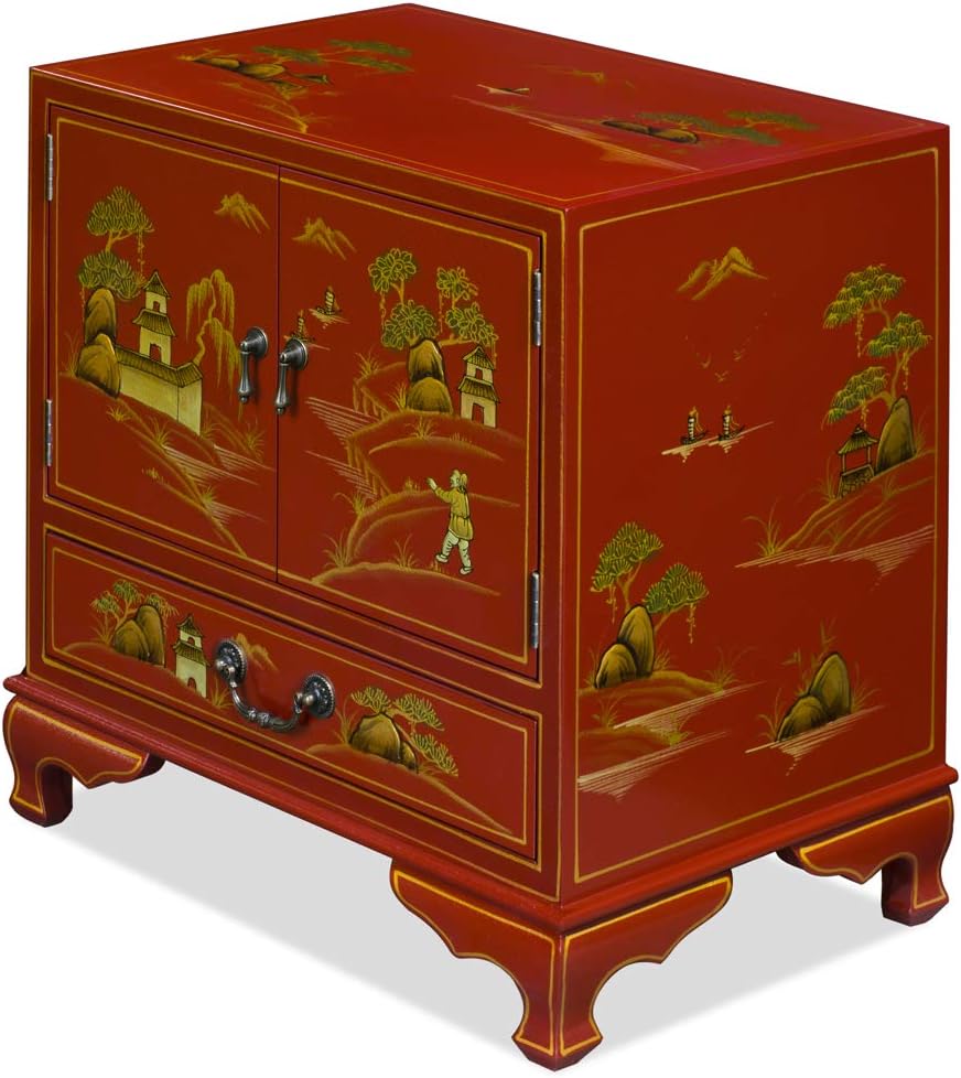 ChinaFurnitureOnline Wooden Chinese Cabinet, Red Lacquer Chinoiserie Scenery Motif