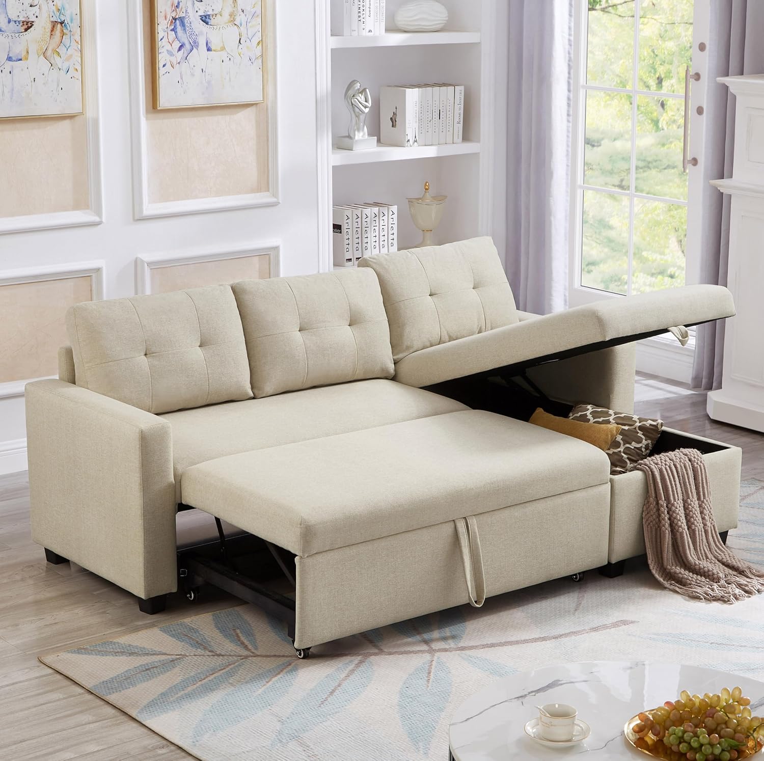 81.5" Convertible Sofa Sectional L-Shape Sleeper Storage Chaise&Pull-Out Bed,Upholstered Reversible Corner Couches for Living Room, Apartment, Small Spaces, Office, Dorm, 81.5inch, Beige