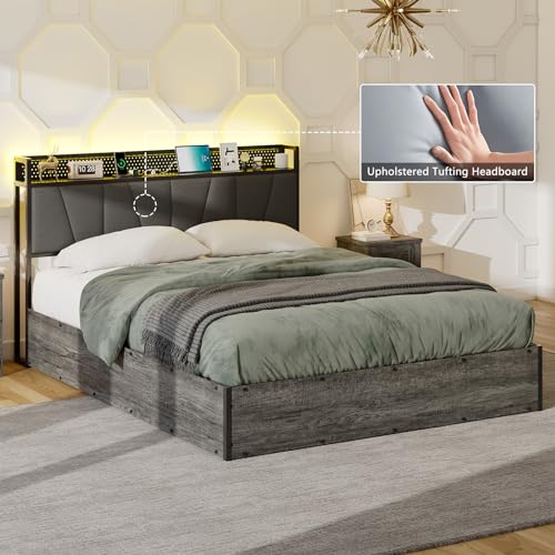 Full Size Lift Up Storage Bed Frame with LED Lights, Linen Upholstered Headboard with Charging Station, Wooden LED Light Platform Bed Frame, No Spring Box Needed/Noise Free, Black