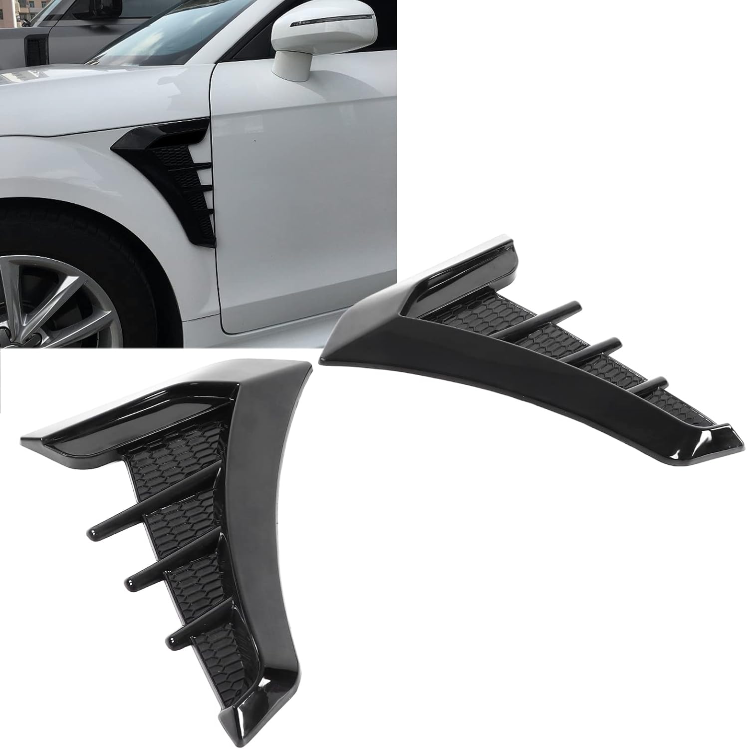 Fydun Hoods Vents Bonnet Cover， Car Hood Vent Scoop Kit 2pcs Gloss Black Side Vent Trim Decoration Sticker Rubber Shark Gills Universal for Cars Pack of 2