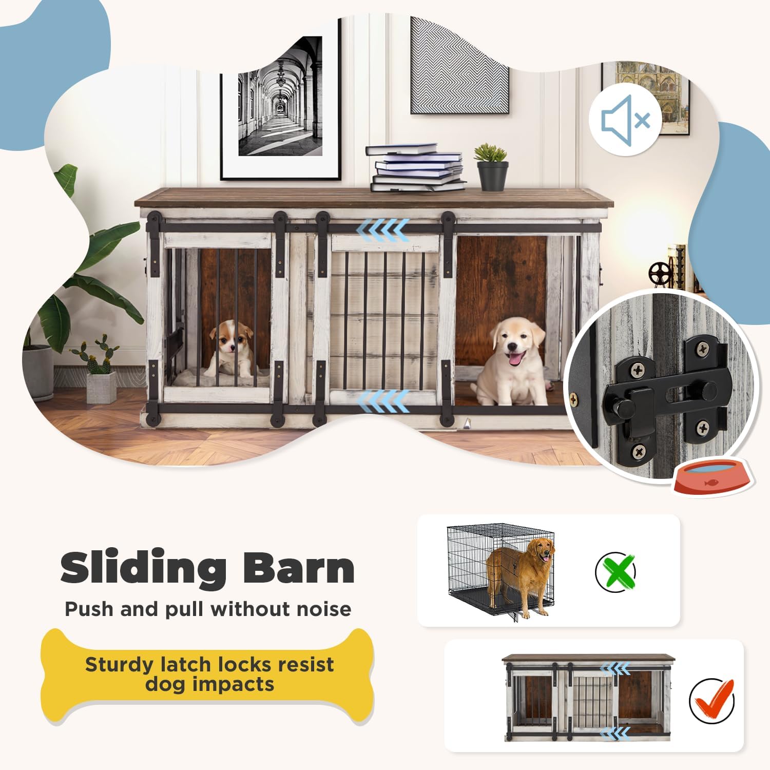 Solid Wood Dog Crate Furniture, 62.5'' Wooden Dog Crate with Removable Divider, Indoor Dog Kennel TV Cabinet, Dog Crates Furniture for 2 Small Medium Dogs, White