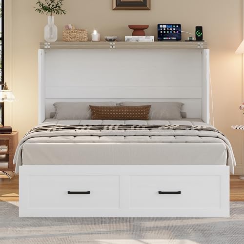 Wooden Murphy Cabinet Bed Frame with Charging Station, Full-Size Foldable Wall Bed with Large Storage Drawer for Home Apartment Limited Living Places, Space-Saving Hidden Bed No Box Spring Needed