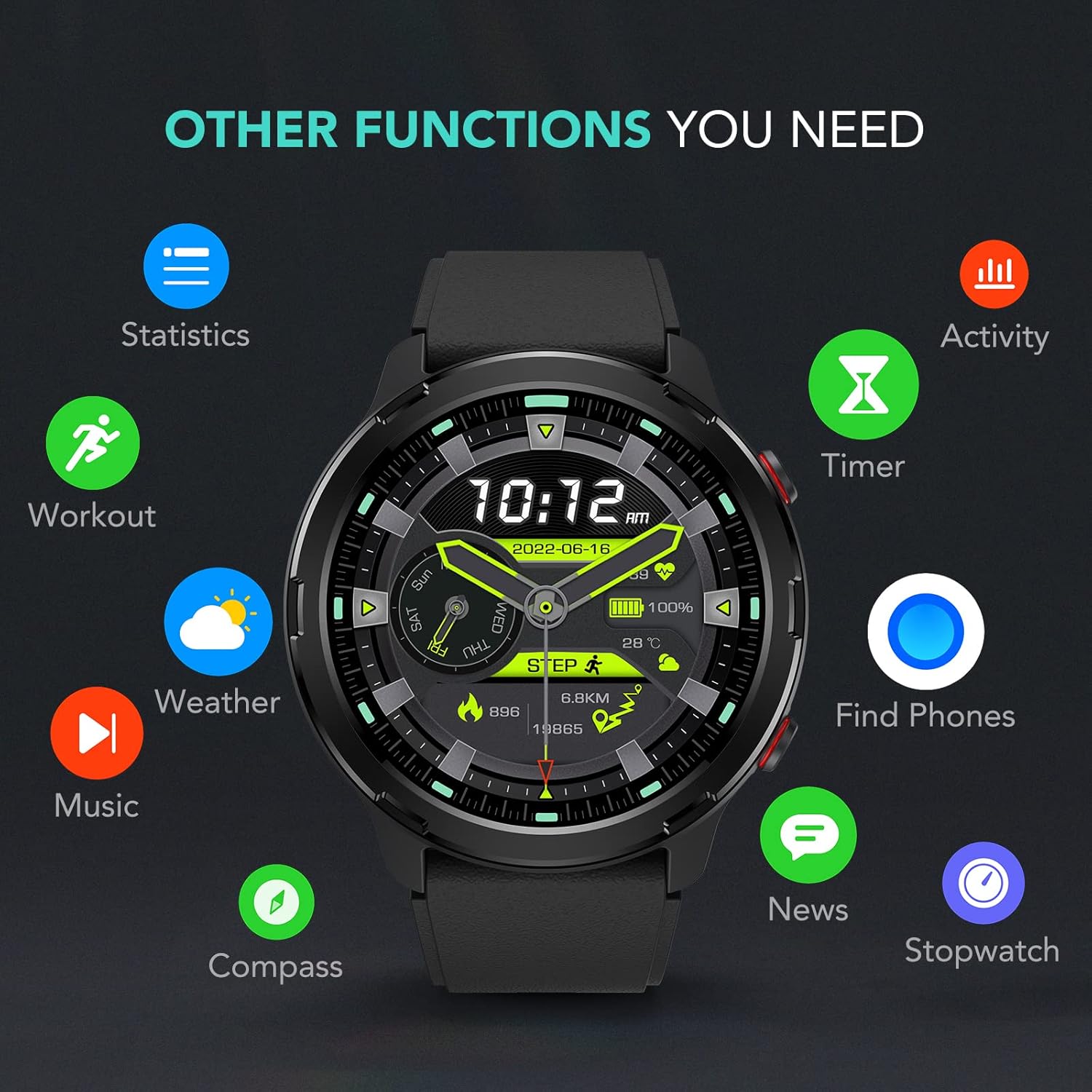 SKG V9C Smart Watch for Men Women, Smartwatch with GPS for Android & iPhone, Fitness Tracker with Heart Rate, SpO2, Sleep Monitor, IP68 Waterproof, Multi-Sports, Dials, Outdoor Compass, Ideal Gift