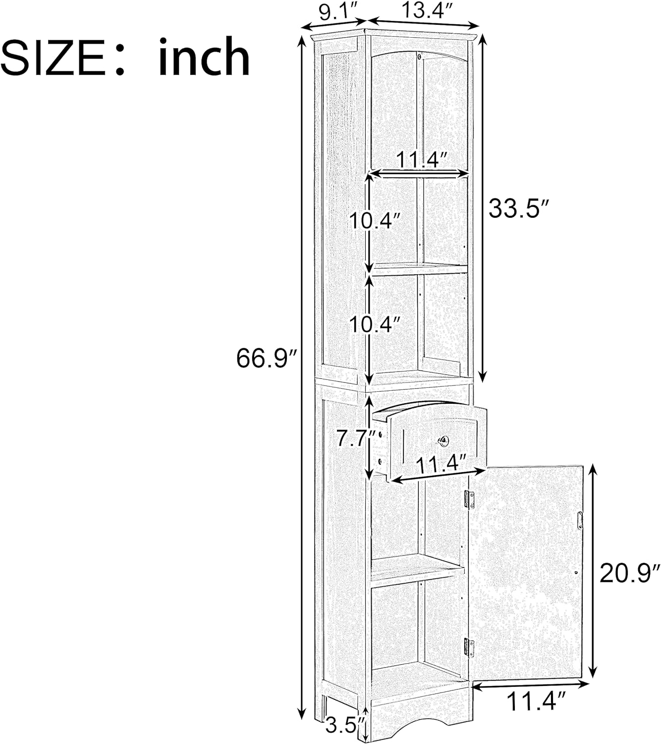 Tall Slim Bathroom Storage, Narrow Freestanding Floor Cabinets Tower w/ 3-Tier Adjustable Shelf and 1 Drawer for Home, Kitchen, Living Room, Anti-Tipping, 13.4" L x 9.1''W x 66.9''H, Grey