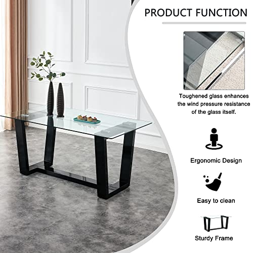 Glass Dining Table Set for 6, Modern Dining Room Table Set for 6, Kitchen Table Set for 6,Glass Dinner Table Set with Black Bracket Pedestal for Kitchen Dining Room