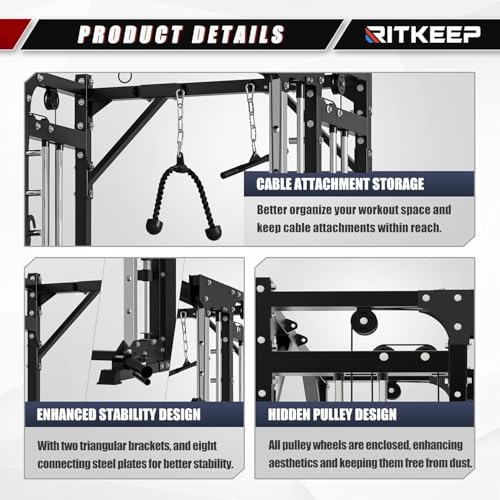 Smith Machine,RitKeep PMAX 5600 Pro,All-in-One Home Gym Equipment Featuring 2200lb Load Capacity and 320lb Weight Stack,Includes T-Bar Row,LAT Pulldown Bar,and More Attachment,for Home Gym Use