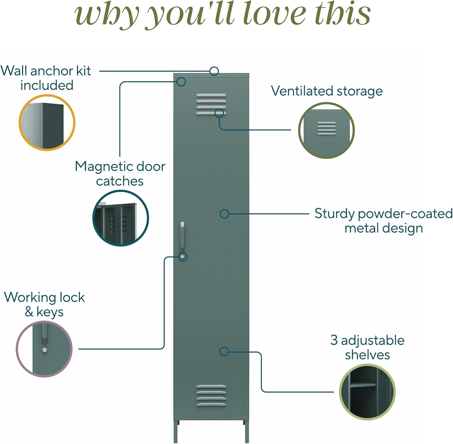 Novogratz Cache 1-Door Tall Single Metal Locker Style Storage Cabinet, Hunter Green
