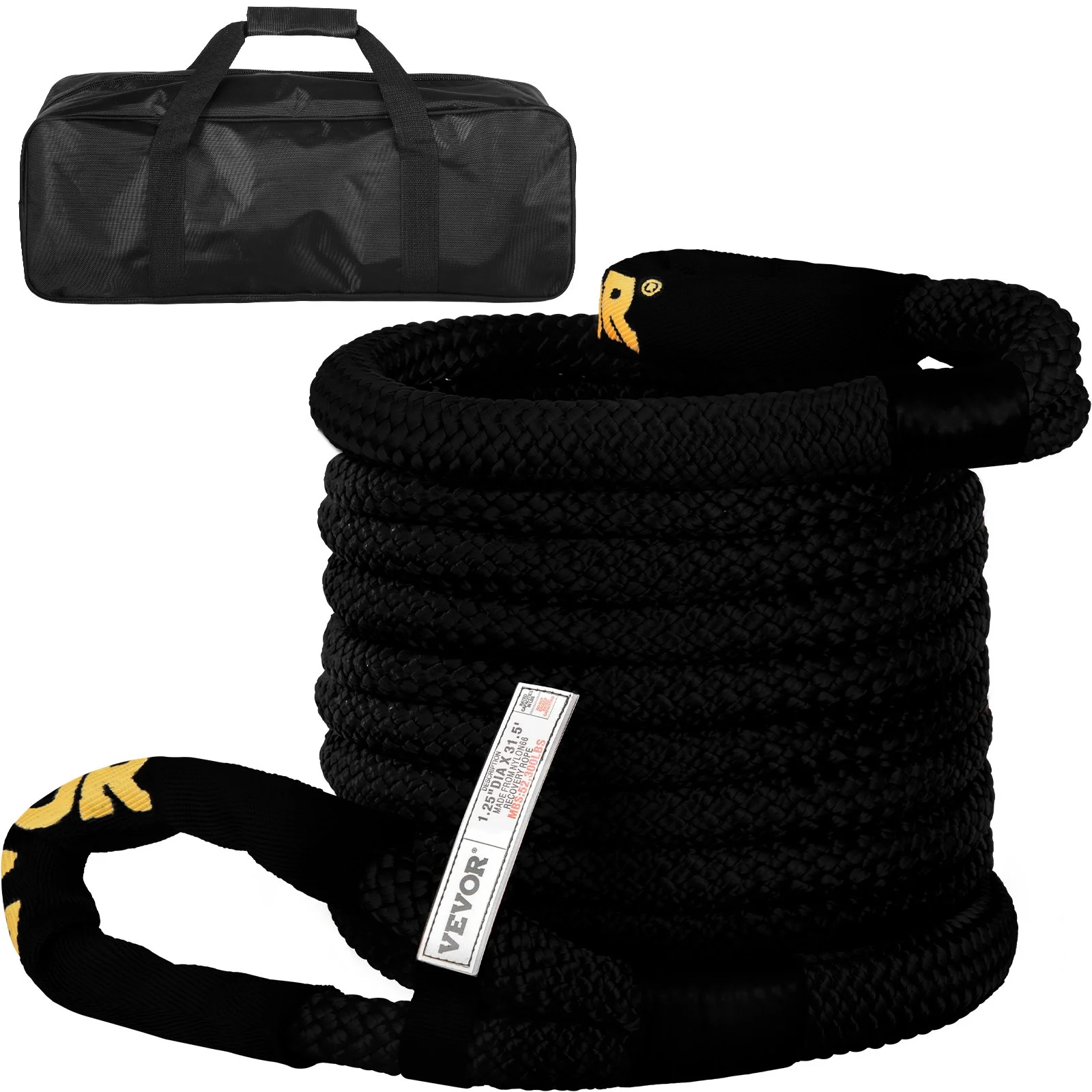 Vevor  1.25 in. x 31.5 ft. Kinetic Recovery & Tow Rope, Black - 52,300 lbs