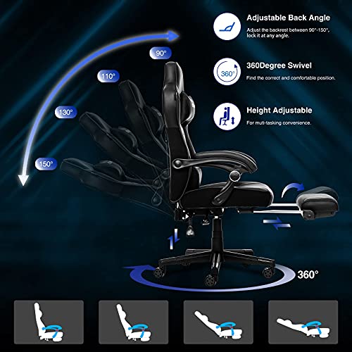 ELECWISH Computer Gaming Chair with Footrest, Ergonomic Gamer Chair for Adults, High Back Adjustable Swivel Desk Chair with Lumbar Support, PU Leather Racing Style Chair, White