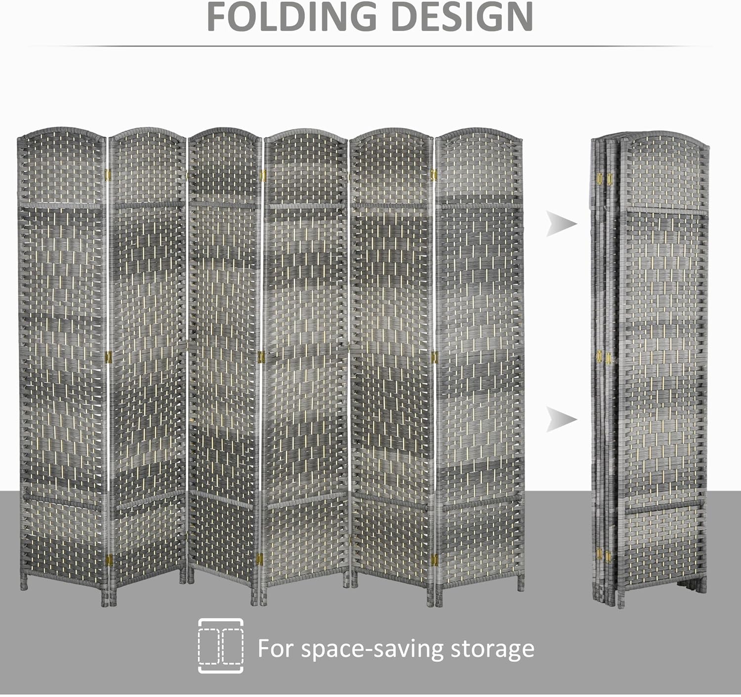 6 Panel Room Divider, 6' Tall Folding Privacy Screen, Hand-Woven Freestanding Wall Partition for Home Office, Bedroom, Mixed Gray