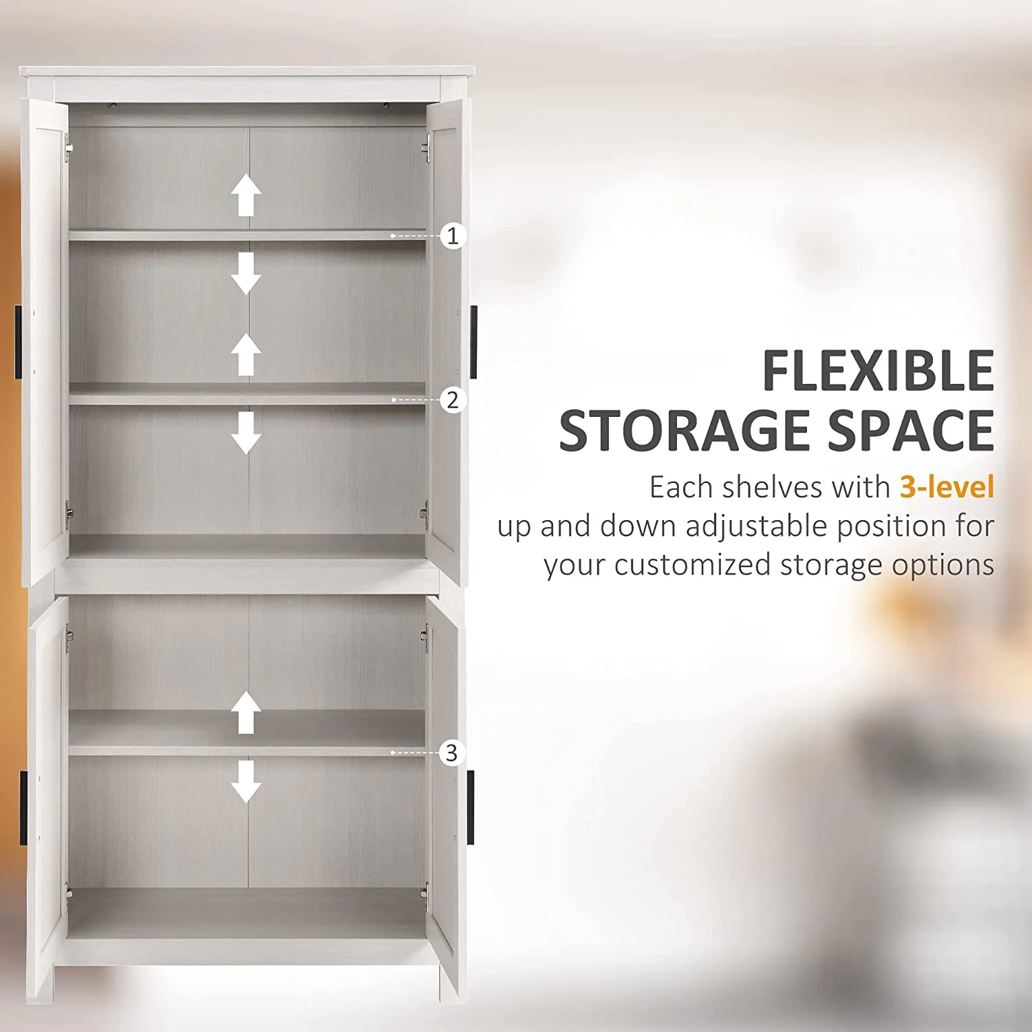 64" 4-Door Kitchen Pantry, Freestanding Storage Cabinet with 3 Adjustable Shelves for Kitchen, Dining or Living Room, Oak