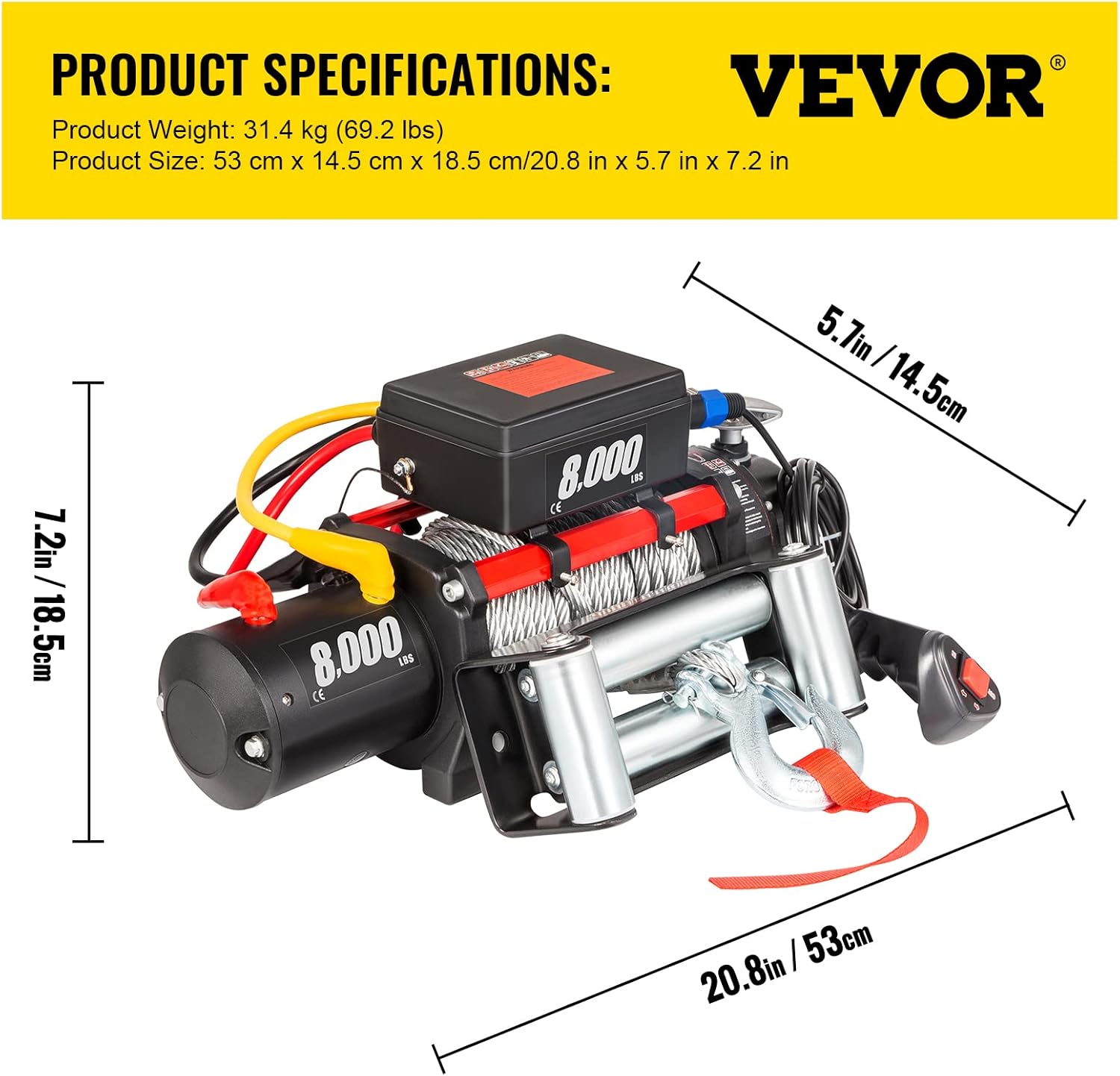VEVOR Electric Winch 8000lb Load Capacity Truck Winch Compatible with Jeep Truck SUV 94ft/28.6m Cable Steel 12V Power Winch with Wireless Remote Control, Powerful Motor for ATV UTV Off Road Trailer