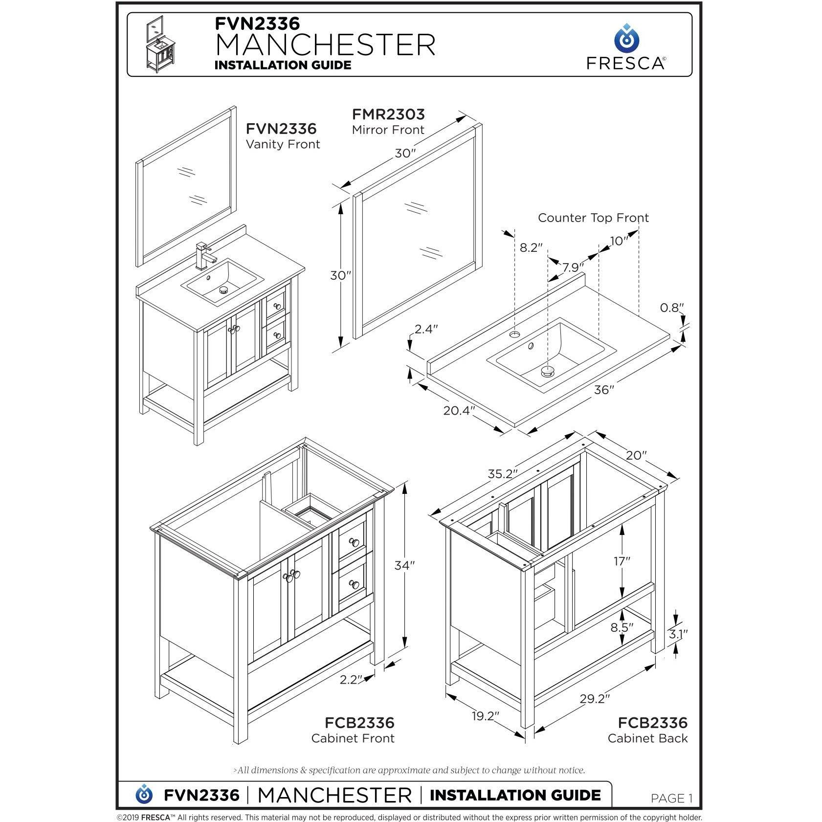 Fresca Manchester Regal 36x22 Gray Wood Veneer Traditional Bathroom Cabinet