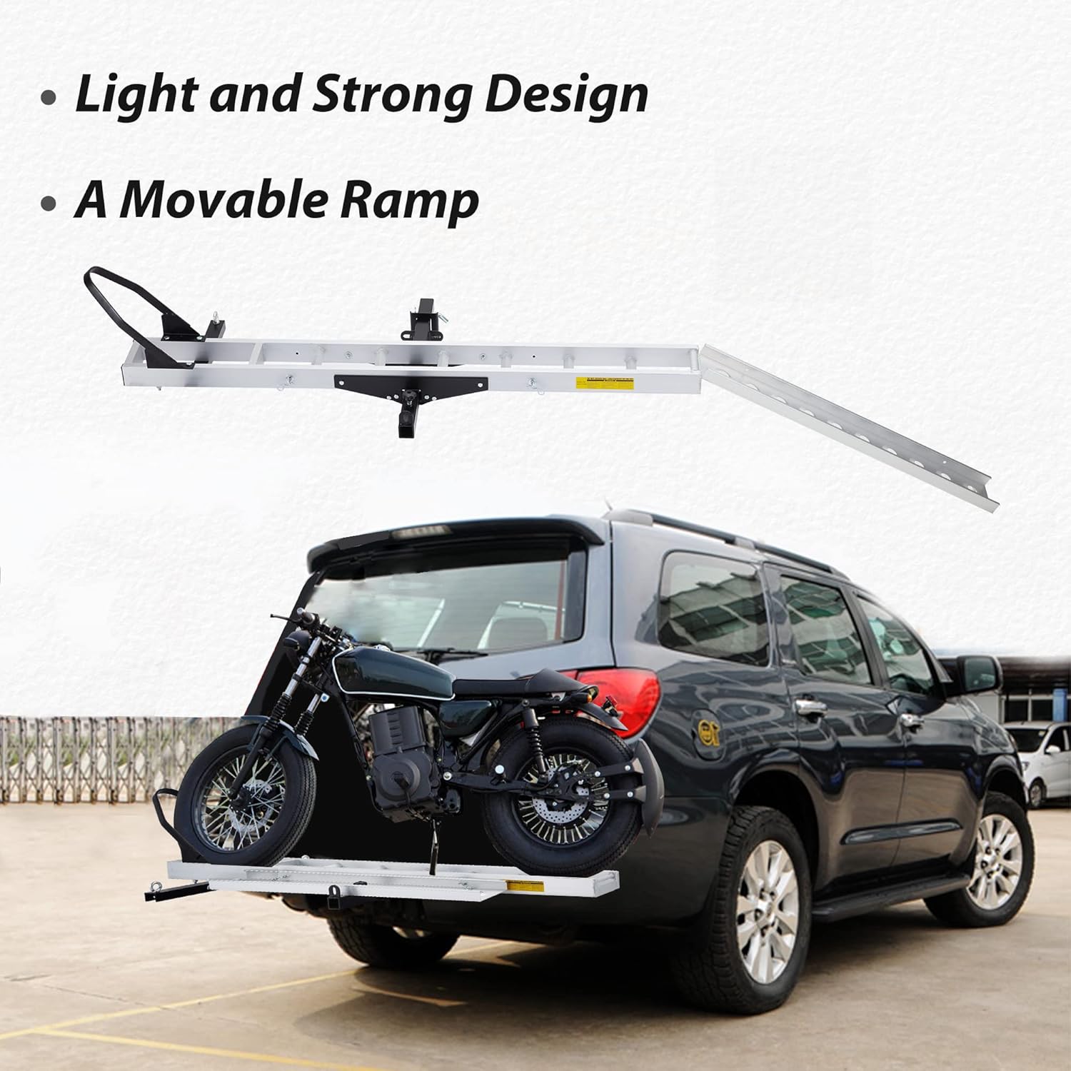 400LBS Aluminum Motorcycle Carrier, Heavy Duty Hitch-Mounted Dirt Bike Rack, Anti-Tilt Locking Device, Motorcycle Trailer Hitch Carrier with Loading Ramp