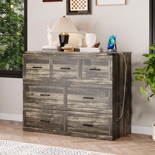 Bellemave Queen Murphy Bed, Cabinet Bed with Charging Station and Storage, Farmhouse Murphy Cabinet with Foldable Panel, Noisy Free, for Guest Bedroom, Living Room, Office, Rustic Gray