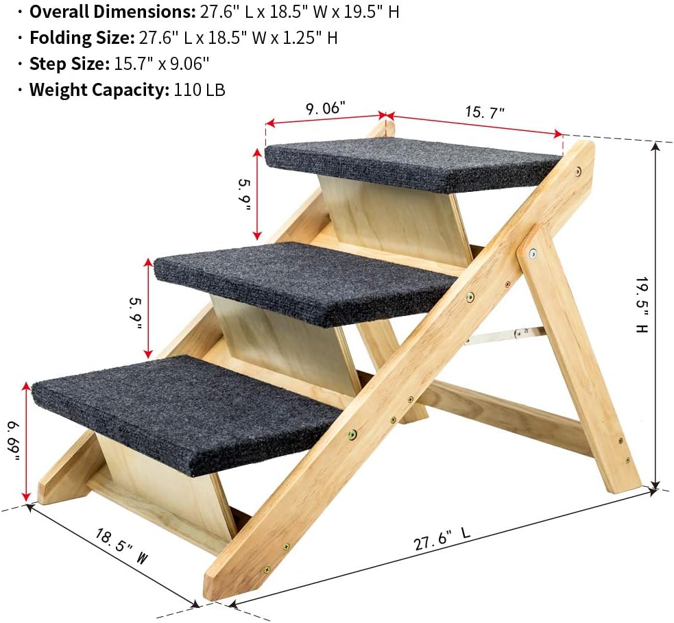 MEWANG Wood Pet Stairs/Pet Steps - Foldable 3 Levels Dog Stairs & Ramp Perfect for Beds and Cars - Portable Dog/Cat Ladder Up to 110 Pounds