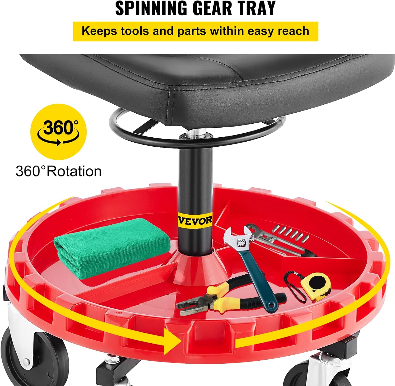 VEVOR Shop Stool, 400 LBS Rolling Garage Stool, 22” to 26” Adjustable Height Mobile Rolling Gear Seat, Round Tray Garage Pneumatic Stool, All-Terrain 5 Casters with Two Brakes Mechanic Seat