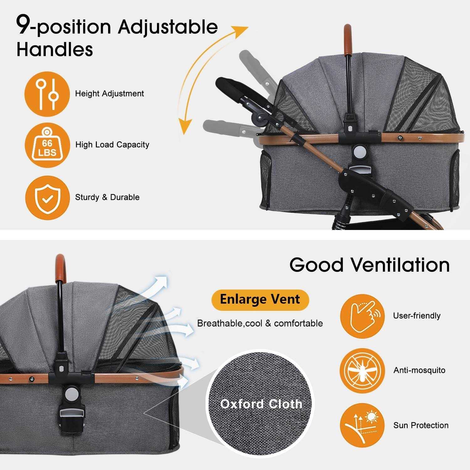 BestPet Pet Stroller Premium 3-in-1 Multifunction 4 Wheels Dog Cat Stroller for Large Medium Dogs Cats Aluminium Frame Folding Lightweight Travel - Pet Supplies online store