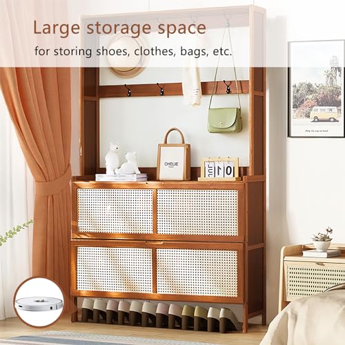Bamboo Hall Tree with Shoe Storage, Bamboo Shoe Cabinet for Entryway, 14 Shoe Cubbies & 8 Coat Hooks, Freestanding Shoe Rack Coat Rack with Storage Shelves, 8 Hooks for Hallway, Bedroom, Rustic Brown