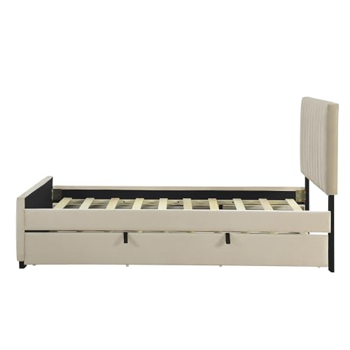 Harper & Bright Designs Platform Bed, Merax Twin Size Velvet Upholstered Bed Frame with Twin Size Trundle for Bedroom, Wood Slat Support, No Box Spring Needed, Easy Assembly, Beige