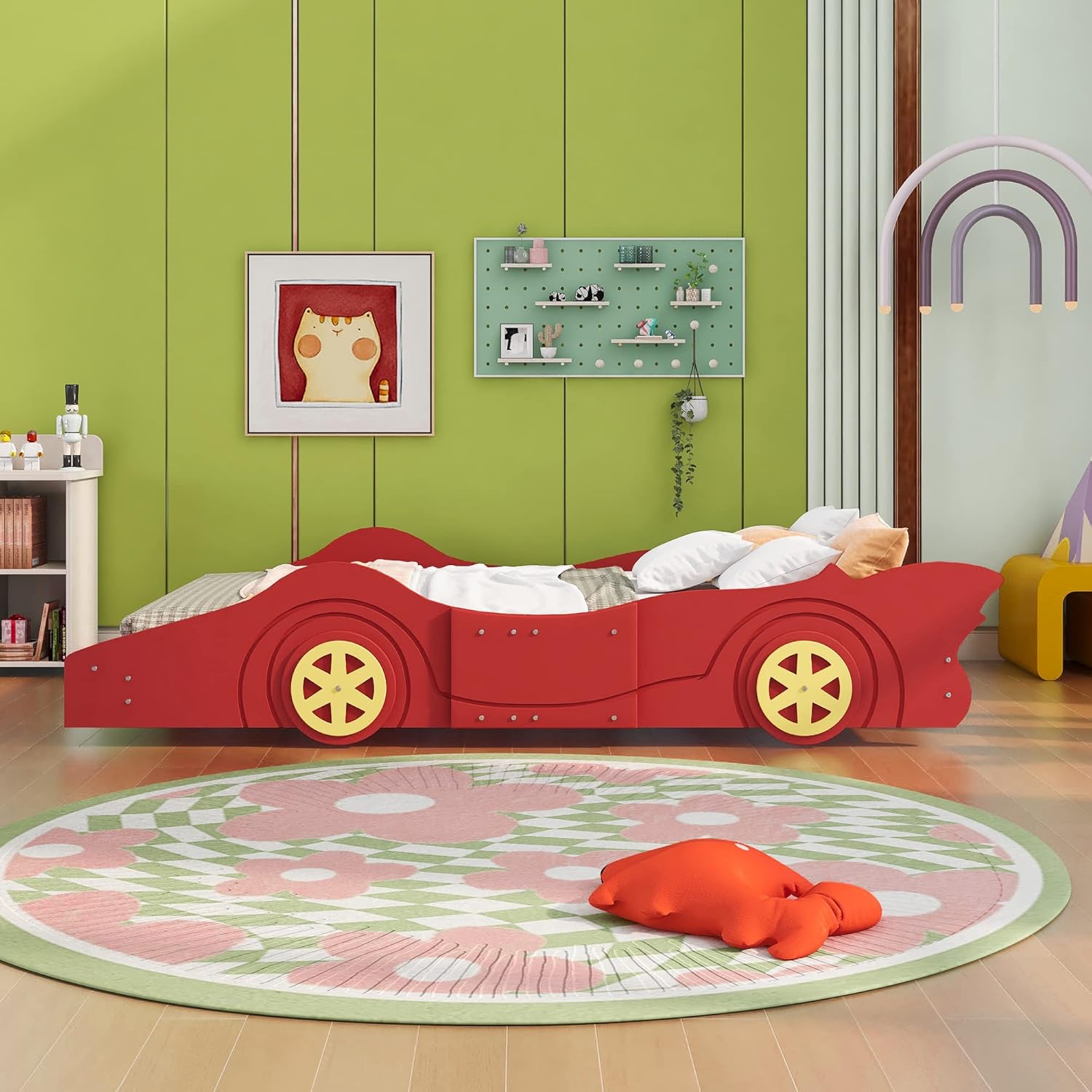 Full Size Race Car-Shaped Platform Bed with Wheels, Kids Car Bed, Wooden Car Shaped Platform Bed Frame for Kids Boys Girls Bedroom, No Box Spring Needed, Rails Design On Both Side, Full, Red