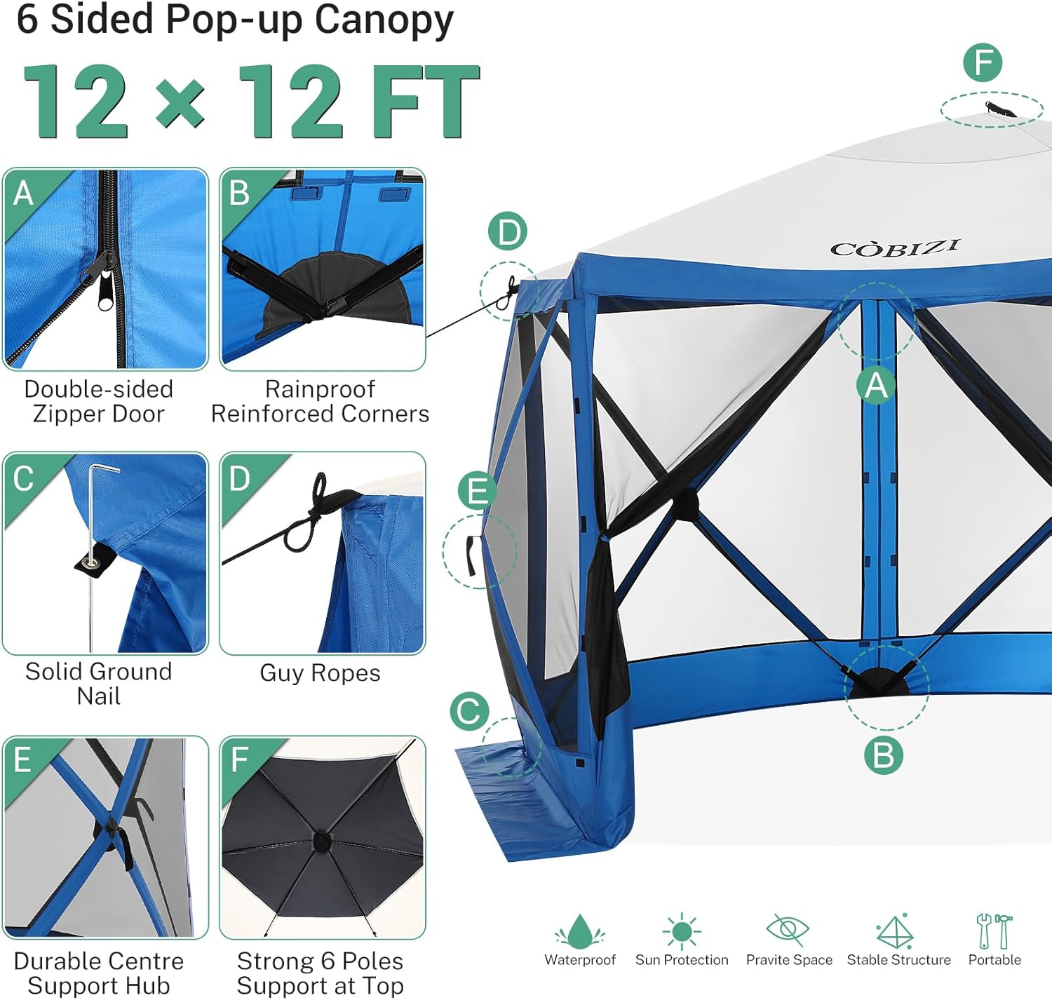 COBIZI 12x12ft Pop up Gazebo Screen House Tent with Mosquito Netting, 6 Sided Pop-up Canopy Shelter Tent Easy-Set portable gazebo with Carry Bag for Outdoor Camping, Lawn and Backyard, Blue